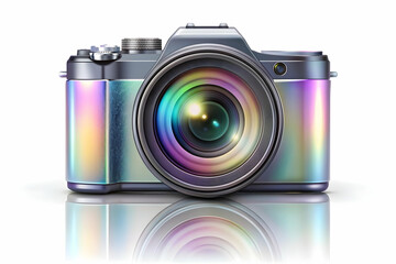 Flat Glossy Holographic Camera on Reflective Surface Concept - Smart Business Tone | Vector Illustration of Ambient Light Glowing Camera Isolated on White