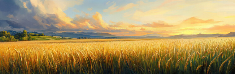 Fototapeta premium Golden Wheat Field at Sunset with Dramatic Clouds - A vast field of golden wheat sways gently in the breeze, bathed in the warm glow of the setting sun. Dramatic clouds gather in the sky, creating a s