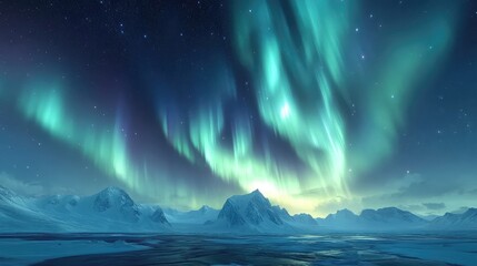 Naklejka premium Soft, flowing auroras in pastel hues illuminating a tranquil, star-filled night sky.