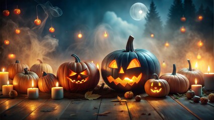 Fototapeta premium Carved Halloween pumpkins with candles, spooky autumn night, festive jack-o'-lantern display