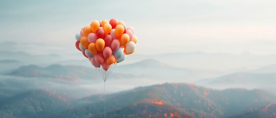 A whimsical ascent, colorful balloons drifting towards soft mountain vistas, a serene morning light enveloping the landscape, evoking feelings of joy and freedom.