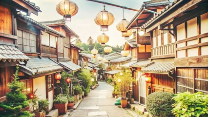 Fototapeta premium Traditional Japanese Street Lined with Lanterns and Wooden Buildings