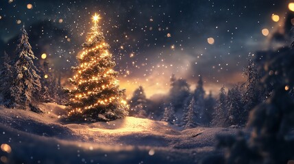 christmas tree on snow with yellow star