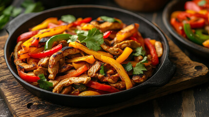 Mexican fajitas with grilled chicken and vegetables, served on a cast iron skillet, garnished with fresh cilantro
