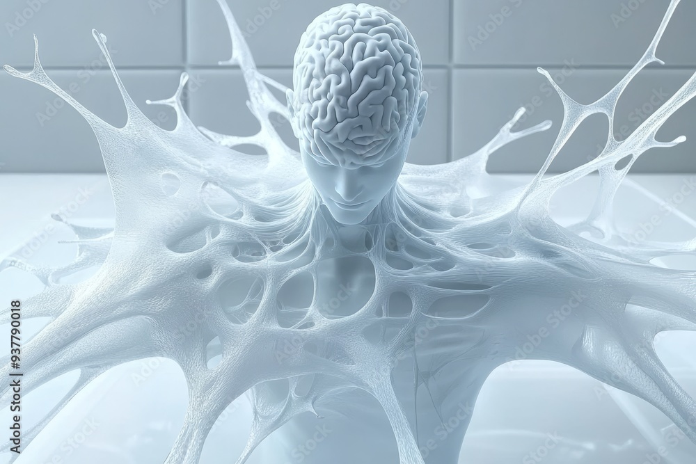 Poster abstract white figure with glowing neural branches symbolizing the integration of human intellect an