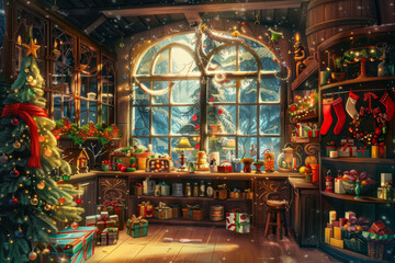 Cozy christmas festive scene with decorations, a warming fireplace and a christmas tree, Happy christmas, full of seasons greetings