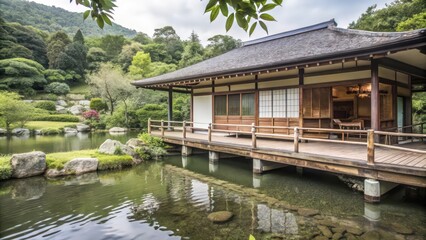 Traditional Japanese House with Pond and Lush Green Foliage