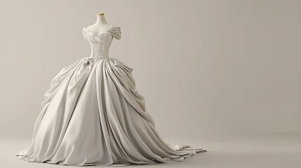 Classic European princess gown, beautifully draped on a mannequin, with ample copy space on a clean background.