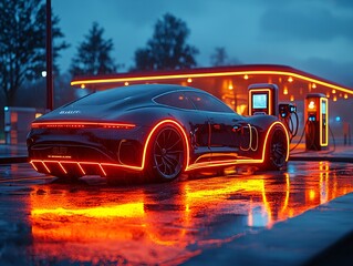 A futuristic electric car charging hub at night, with holographic screens providing information to drivers.