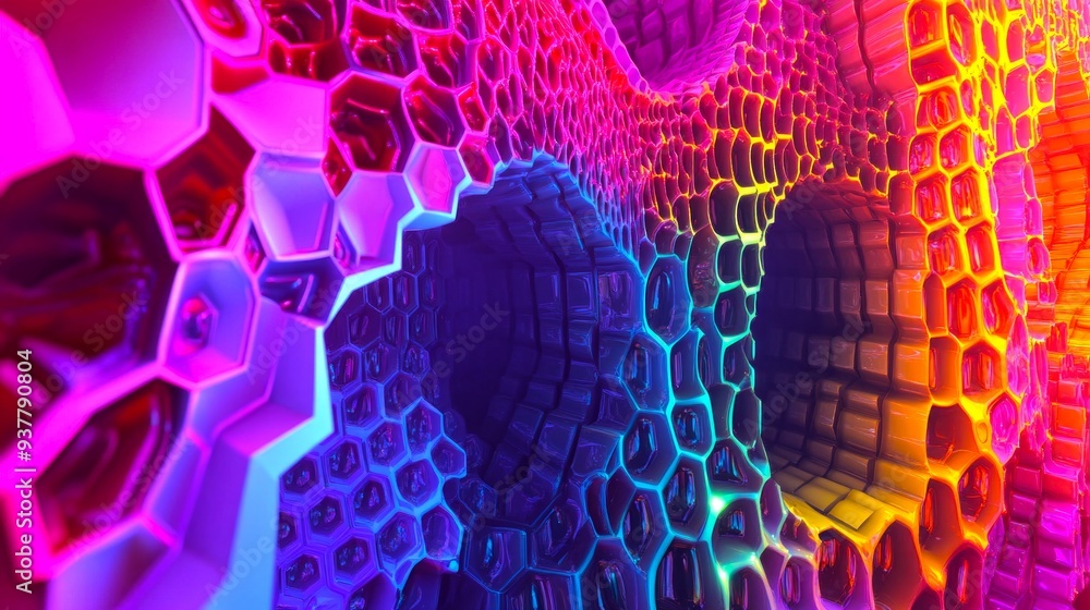 Poster colorful abstract tunnel made of hexagonal shapes. the vibrant hues blend beautifully, creating a me