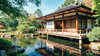 Obraz premium Traditional Japanese House on Stilts Over a Serene Pond in a Lush Garden