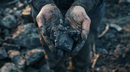 Fototapeta premium Coal in the hand of worker miner. Picture can be use to idea about coal mining, energy source or environment protection.