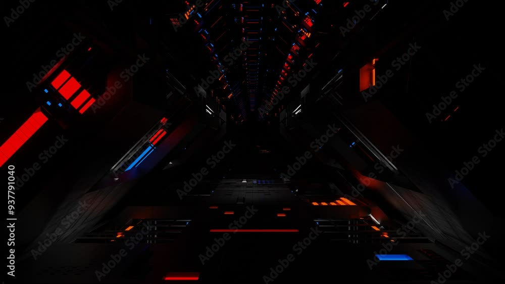 Poster endless forward movement through a dark futuristic corridor with blinking red and blue monitors. 3d 