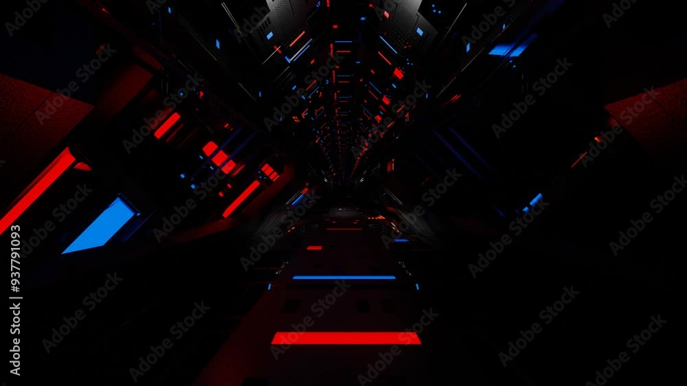 Poster endless forward movement through a dark futuristic corridor with blinking red and blue monitors. 3d 