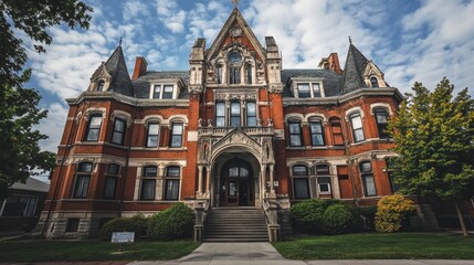 Historic Victorian Mansion with Grand Entrance and Lush Landscaping - A majestic Victorian mansion with intricate details, tall turrets, and a grand entranceway leading to a lush lawn. The building ex
