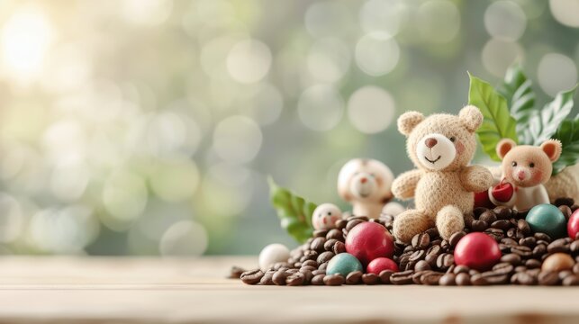 Whimsical teddy bear gathering among coffee beans and colorful ornaments, evoking a cozy, cheerful atmosphere perfect for festive celebrations and playful nostalgia
