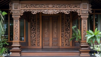 Obraz premium Intricate Carved Wooden Doorway Entrance to a Traditional Asian Home - A beautiful wooden doorway with intricate carvings, symbolizing craftsmanship, tradition, culture, architecture, and welcome.