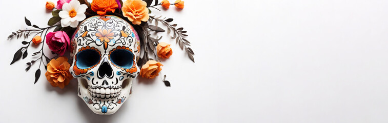 Day of the dead celebration background with colorful sugar skulls and flowers