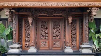 Fototapeta premium Intricate Carved Wooden Doorway in Traditional Asian Architecture - A traditional Asian doorway with intricate wood carvings, showcasing craftsmanship and cultural heritage. The door is a symbol of en