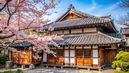 Fototapeta premium Traditional Japanese House with Cherry Blossom Tree