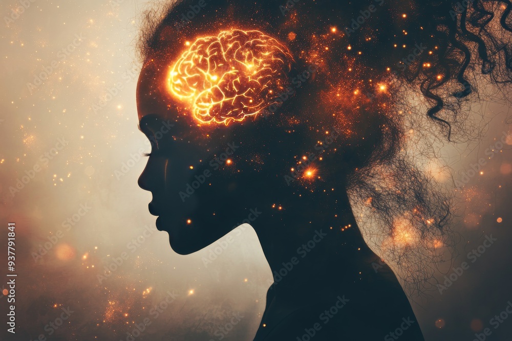 Poster profile of a person with a glowing brain symbolizing cognitive strength intellectual power and the s