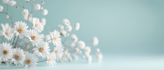 Naklejka premium Delicate white daisies gently scattered against a soft turquoise backdrop, creating a serene and refreshing floral display, embodying purity and springtime elegance.