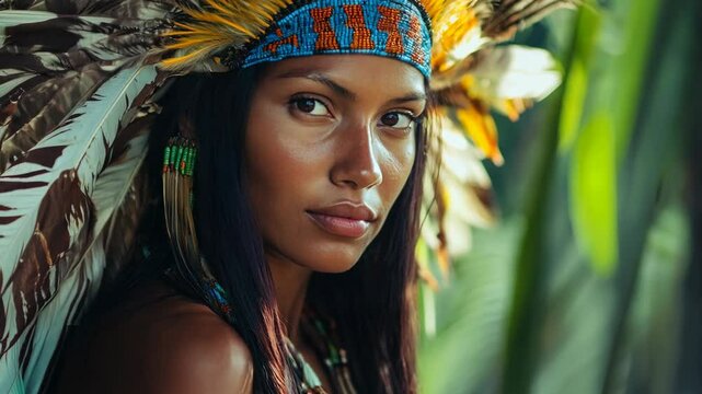 Indigenous woman wearing traditional headpiece in lush green environment during sunny day