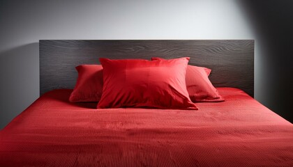 Empty bed with a red pillow and sheets, bedroom design