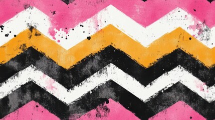 seamless pattern, Vibrant zigzag pattern featuring bold pink, black, white, and orange colors, perfect for modern design projects and backgrounds.
