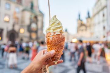 Chimney cake with ice cream in Prague