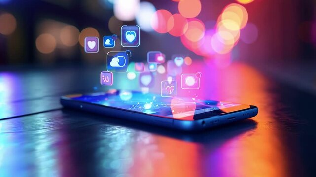 Holographic social media icons floating above smartphone screen, suggesting innovative digital marketing and communication strategies - Powered by Adobe