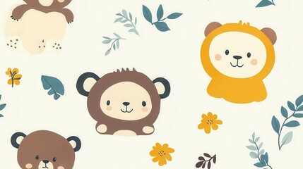 seamless pattern, Cute animal pattern featuring colorful bears and a lion, perfect for children's decor, illustrations, and playful designs.