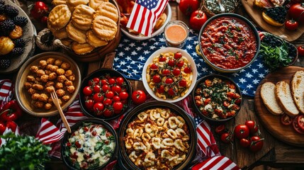 A festive spread of various dishes including pasta, fresh tomatoes, bread, and sauces set atop a table decorated with patriotic colors
