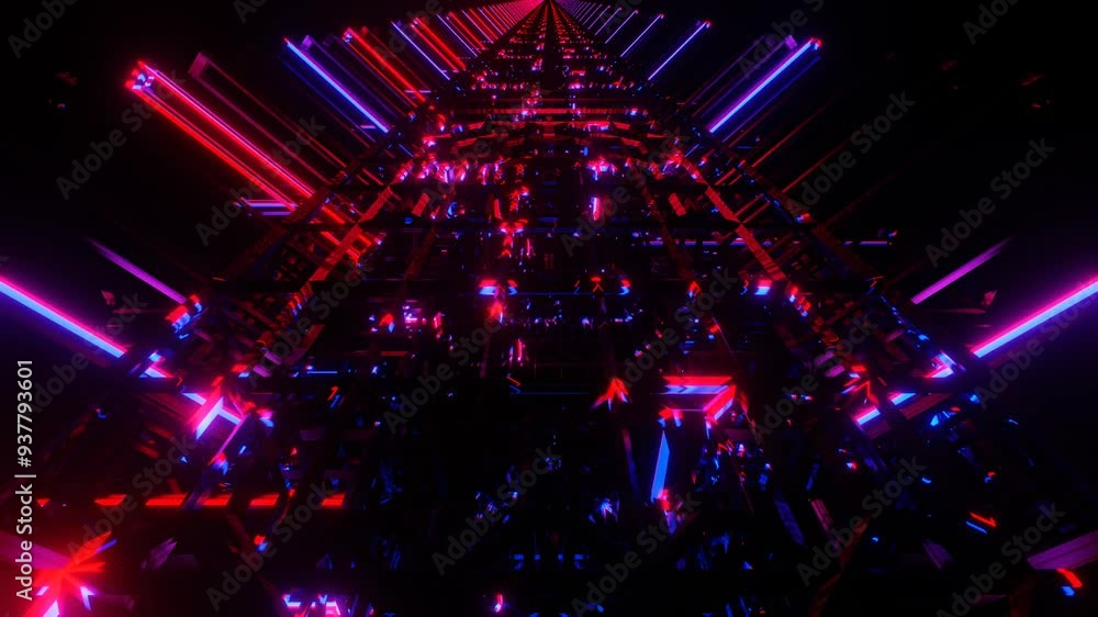Poster abstract animated background movement along the grid blinking with blue and violet light. 3d render 
