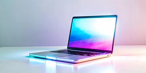 Flat Laptop on Holographic Platform Concept with Copy Space, Simple Vector Illustration in Smart Business Tone