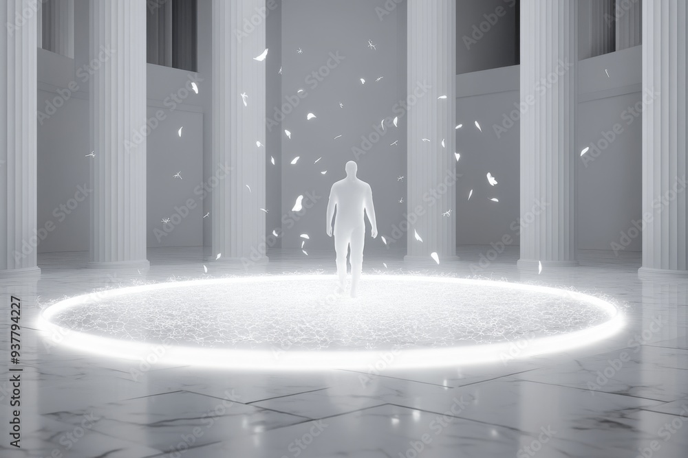 Poster a glowing circle of light around a figure in a large space symbolizing the convergence of spiritual 