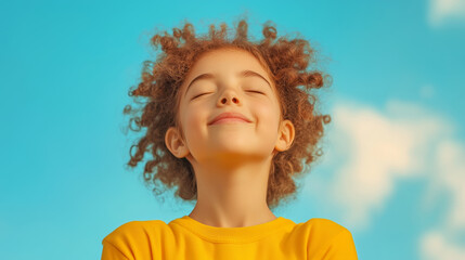 Fototapeta premium Child with curly hair enjoying a sunny day outdoors, smiling und