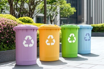 Colorful recycling bins arranged in a row, promoting eco-friendly waste disposal in an urban environment.