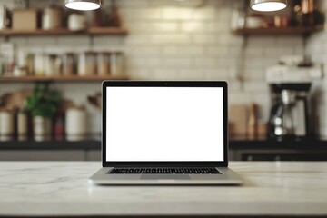 Blank white screen mock up of laptop computer on table with copy space on blurred kitchen background with generative ai