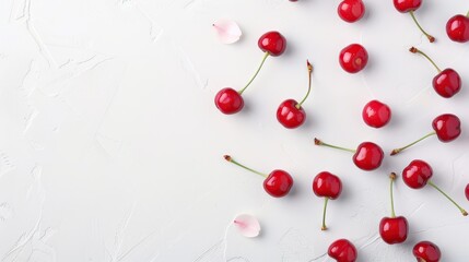 Fresh red cherries scattered on a light textured background alongside delicate flower petals, creating a vibrant and appealing springtime composition.