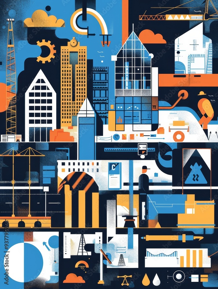 Poster modern cityscape with abstract geometric shapes and construction elements - a vibrant and abstract c