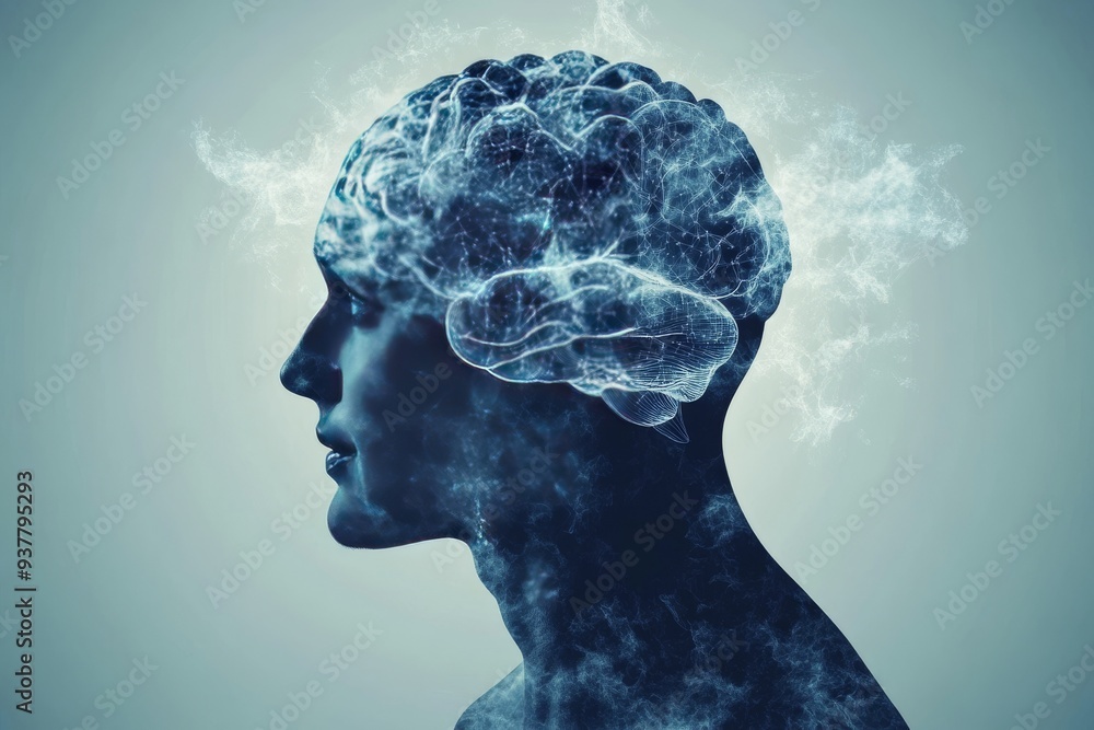 Poster silhouette of a man with a glowing brain symbolizing the integration of intellect and technology ble
