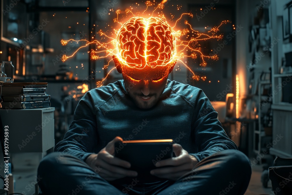 Poster person in a dark room with a glowing brain symbolizing intense cognitive processes mental struggle a