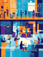 Modern Office Collaboration and Teamwork - Diverse Professionals Working Together - A vibrant illustration depicting a diverse team of professionals collaborating in a modern office setting. The image