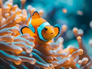 Vibrant Clownfish Nestled Among Protective Anemone Tentacles in Colorful Ocean Ecosystem