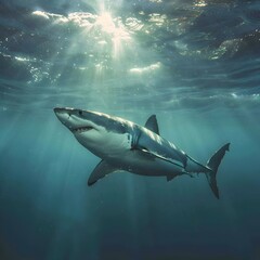 Powerful Great White Shark Swimming Gracefully Through Vast Blue Ocean