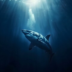 Fototapeta premium Majestic Great White Shark Swimming Powerfully Through Vibrant Ocean Depths