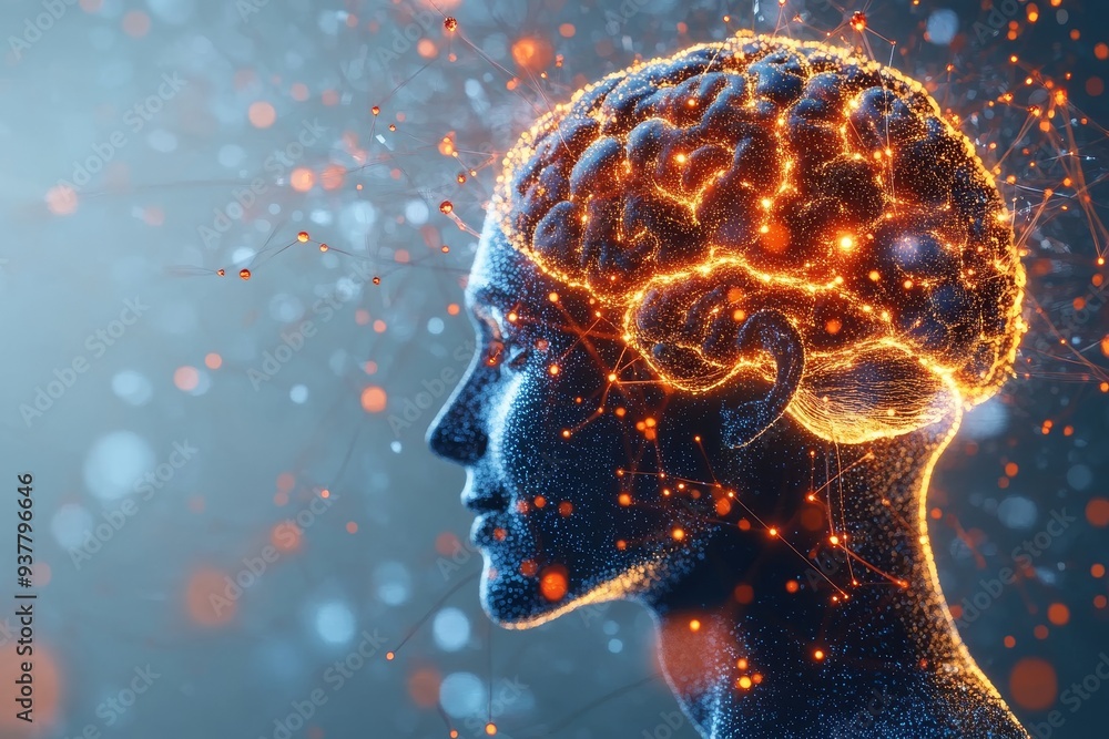 Poster silhouette of a head with a glowing brain symbolizing intelligence neural connections and the brilli