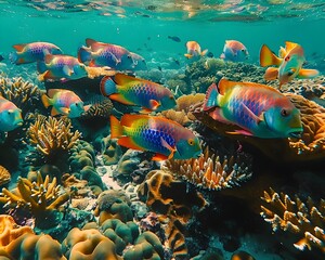 Vibrant Parrotfish Feeding Frenzy on Coral Reef