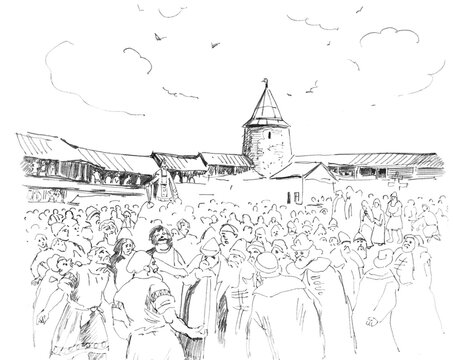 Ancient Russia. City cathedral square, wooden kremlin, assembly of residents - veche.